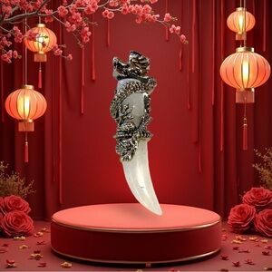 Genuine White Quartz Tooth With Dragon On It 2.5 " Long With Black Cord Necklace